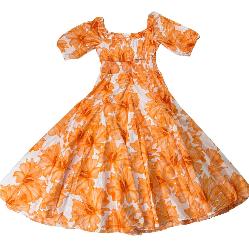 I.N.C. Floral Midi Dress White Orange  Full Voluminous Short Sleeve‎ M Cotton